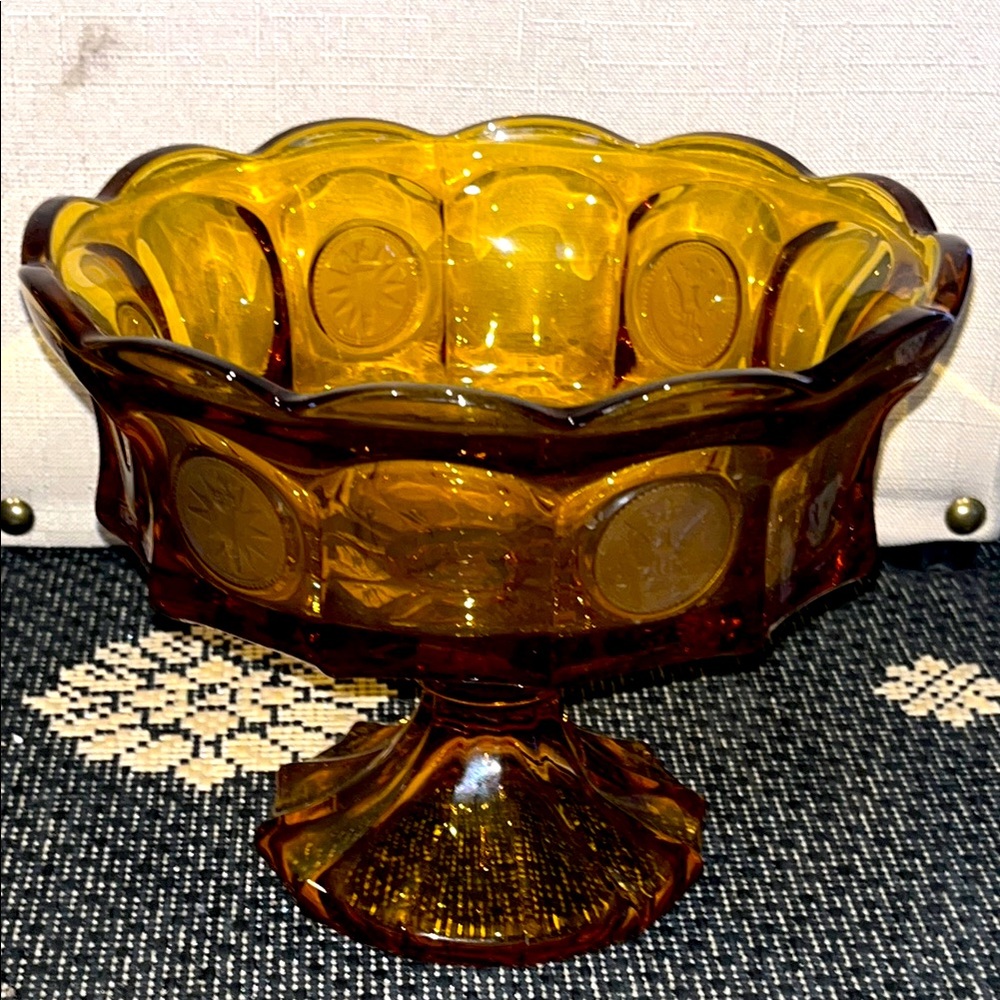 Fostoria Coin amber glass pedestal bowl compote 8.5” wide large 6.5” tall